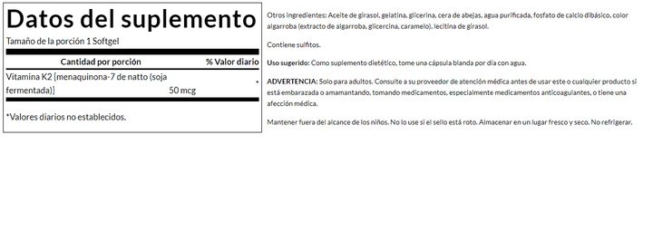 Vitamina K2 Swanson para mejorar la absorción de calcio y salud de los huesos.