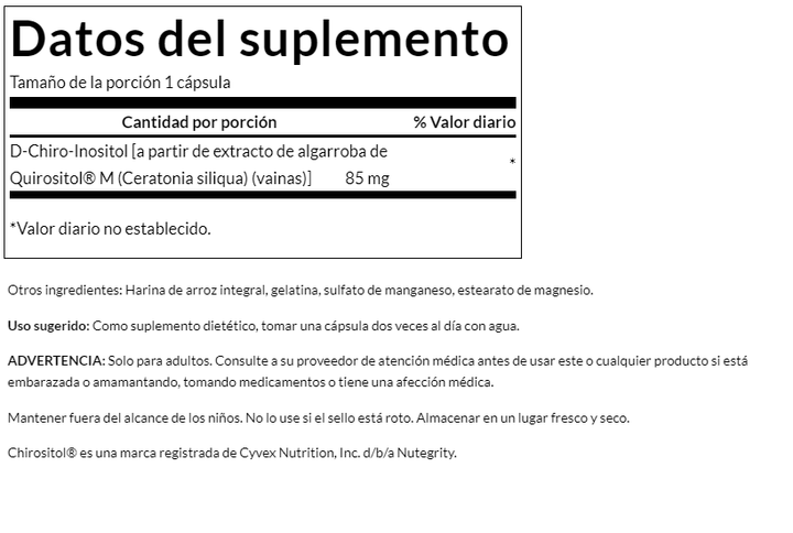 D-Chiro Inositol Swanson con Chirositol para regulación de glucosa y salud hormonal.