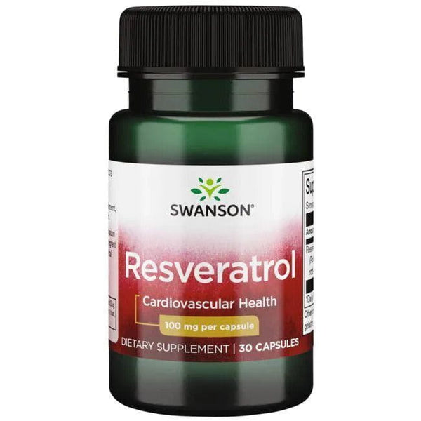 Suplemento Resveratrol 100 mg Swanson para salud cardiovascular y antioxidante.