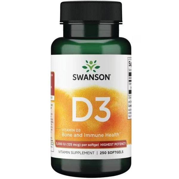 Suplemento Vitamina D3 5000 UI Swanson para salud ósea e inmunidad.