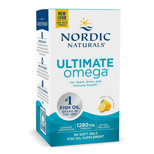 Suplemento Ultimate Omega Lemon Nordic Naturals para salud del corazón y cerebro.