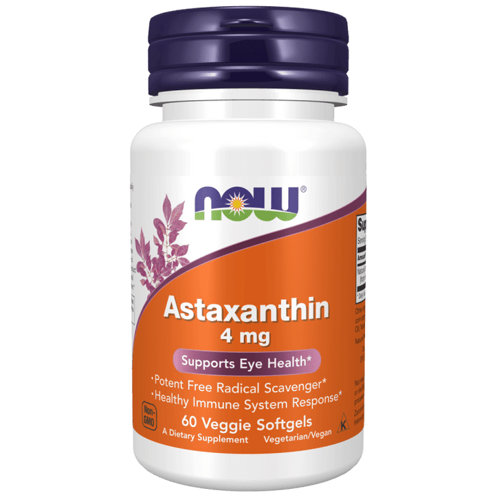 Suplemento Astaxantina 4 mg NOW Foods para protección antioxidante.