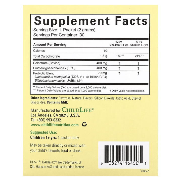 Suplemento infantil de probióticos y calostro para digestión e inmunidad