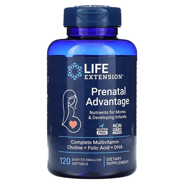 Complejo Prenatal Life Extension con vitaminas y minerales esenciales.