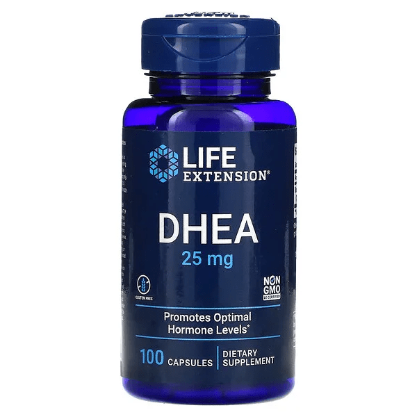 Suplemento DHEA 25 mg Life Extension para equilibrio hormonal juvenil.