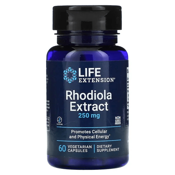 Suplemento Extracto de Rodiola 250 mg Life Extension para energía y rendimiento mental.
