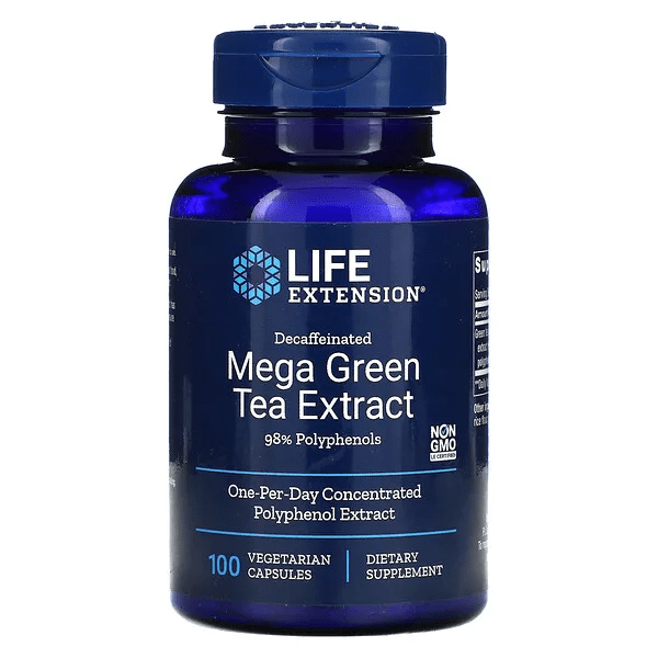 Frasco de Extracto de Té Verde Mega Descafeinado de Life Extension con 100 cápsulas