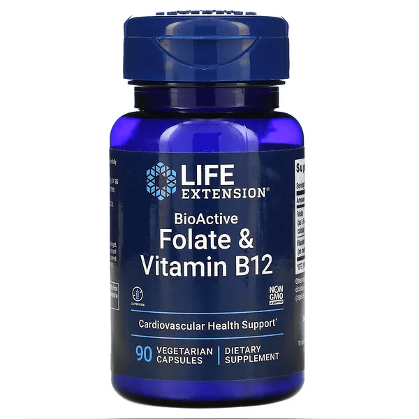 Folato Bioactivo y Vitamina B12 de Life Extension para salud del corazón y cerebro.