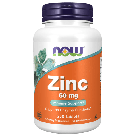 Suplemento Zinc 50 mg NOW Foods para apoyo inmunológico.