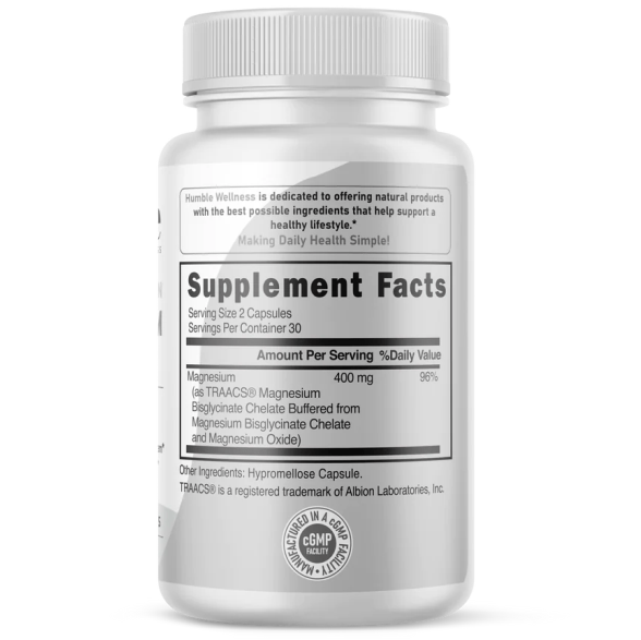 HUMBLE Suplementos Humble Wellness, Glicinato de Magnesio de Alta Absorción 400 mg (60 cápsulas)