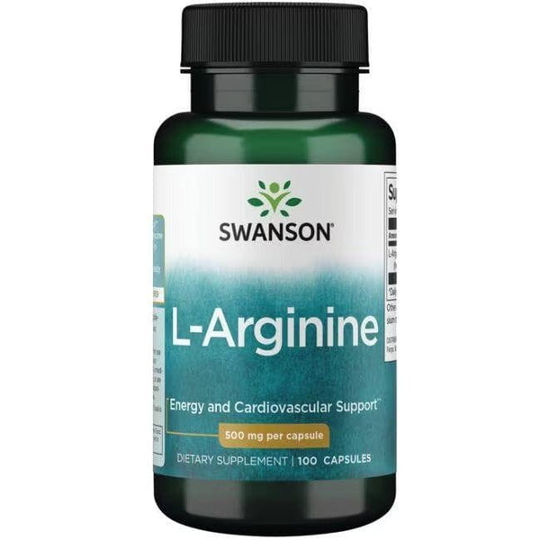 Suplemento L-Arginina 500 mg Swanson para salud cardiovascular.