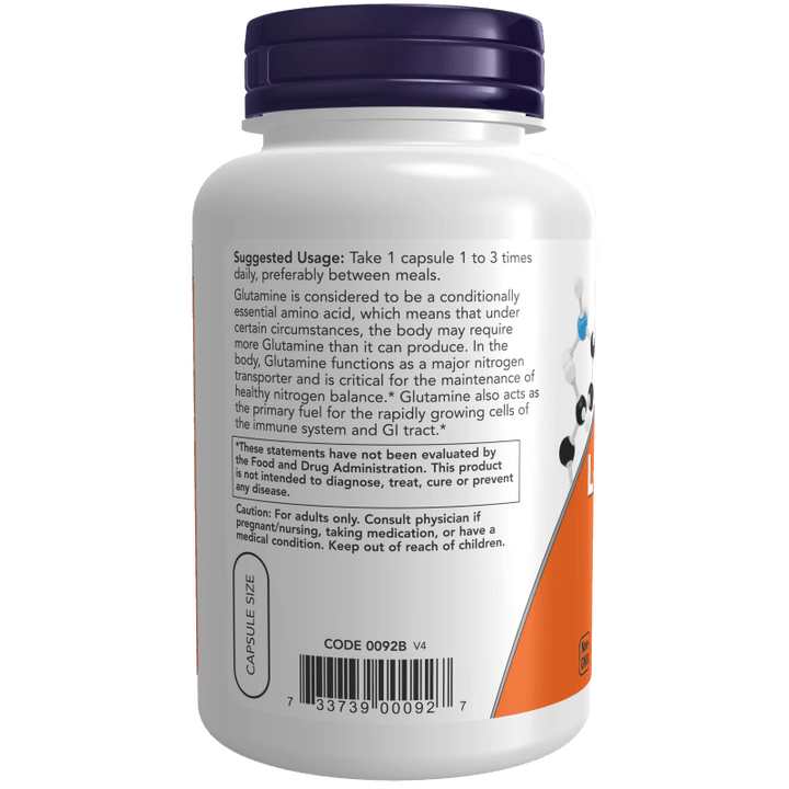 L-Glutamina 500 mg NOW Foods para control de glucosa y desintoxicación.