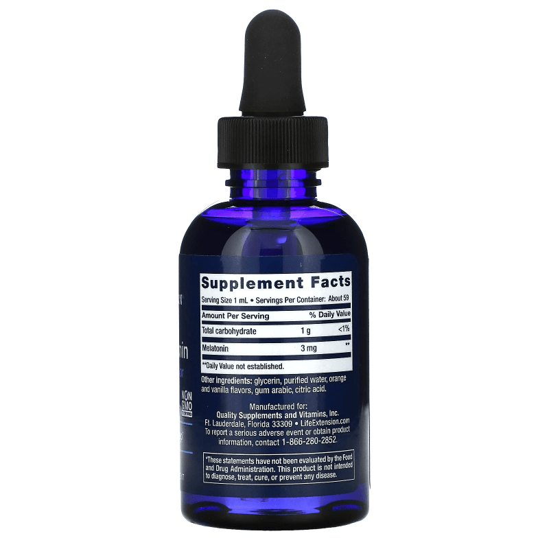 Botella de melatonina líquida de acción rápida con sabores cítricos y vainilla.