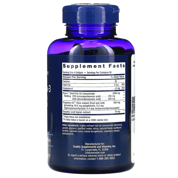 Cápsulas de omega-3 con EPA, DHA, oliva y sésamo.