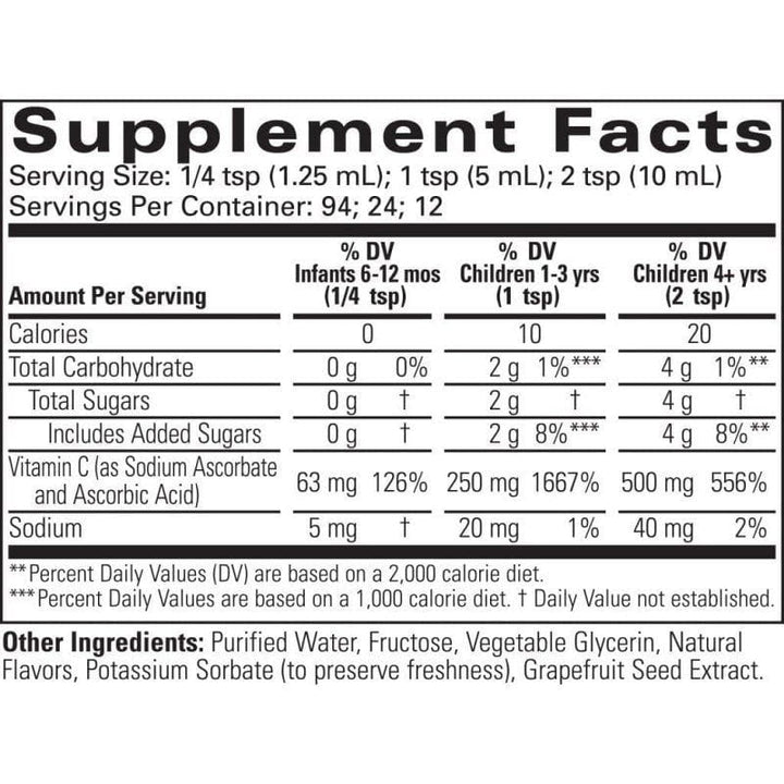 Botella de 4 onzas de vitamina C líquida sin OGM, certificada sin gluten.