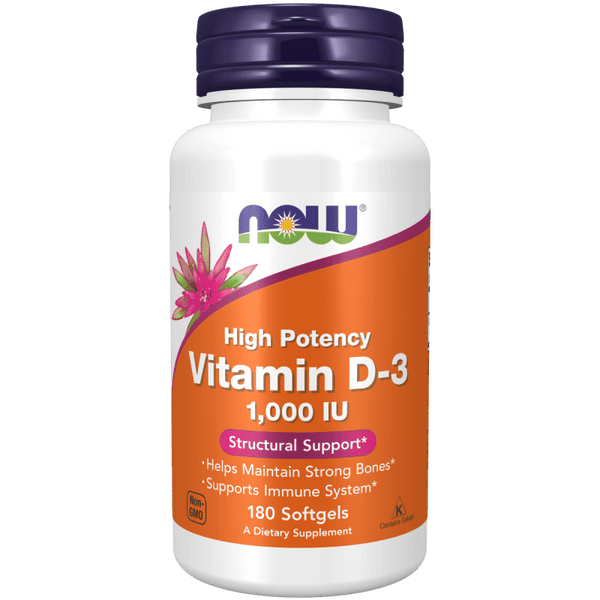 Vitamina D-3 1000 UI de NOW Foods para salud ósea e inmunidad.