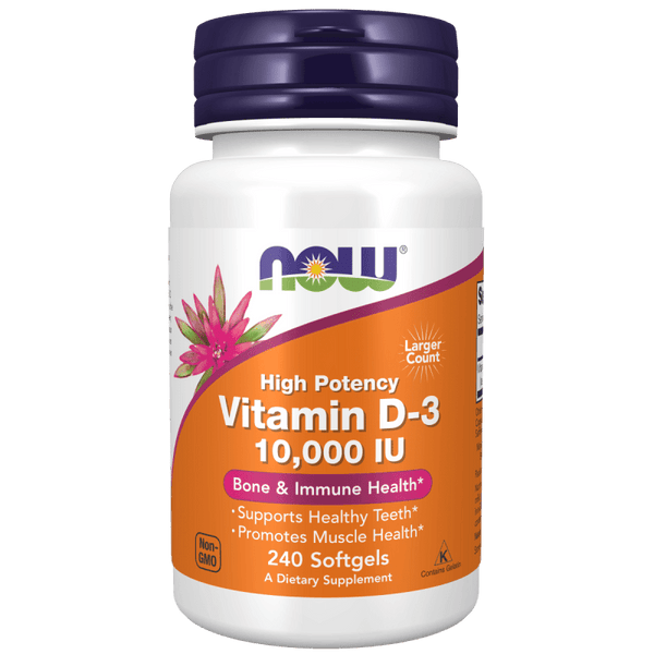 Suplemento Vitamina D-3 10,000 UI Now Foods para salud ósea y muscular