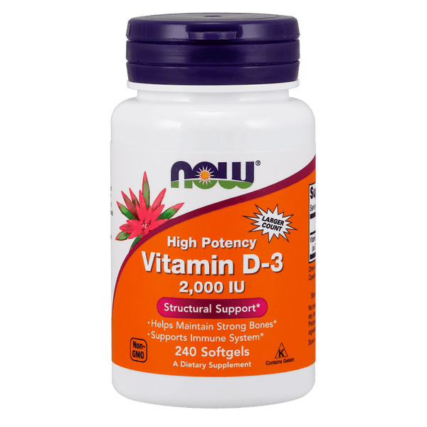 Vitamina D3 2000 UI de NOW Foods para salud ósea e inmunológica.