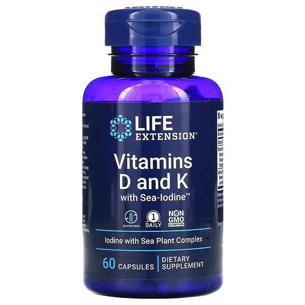 Suplemento Vitaminas D y K con Sea-Iodine Life Extension para salud ósea y cardiovascular.