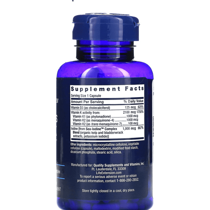 Cápsulas de vitamina D y K con Sea-Iodine para apoyo inmunológico.